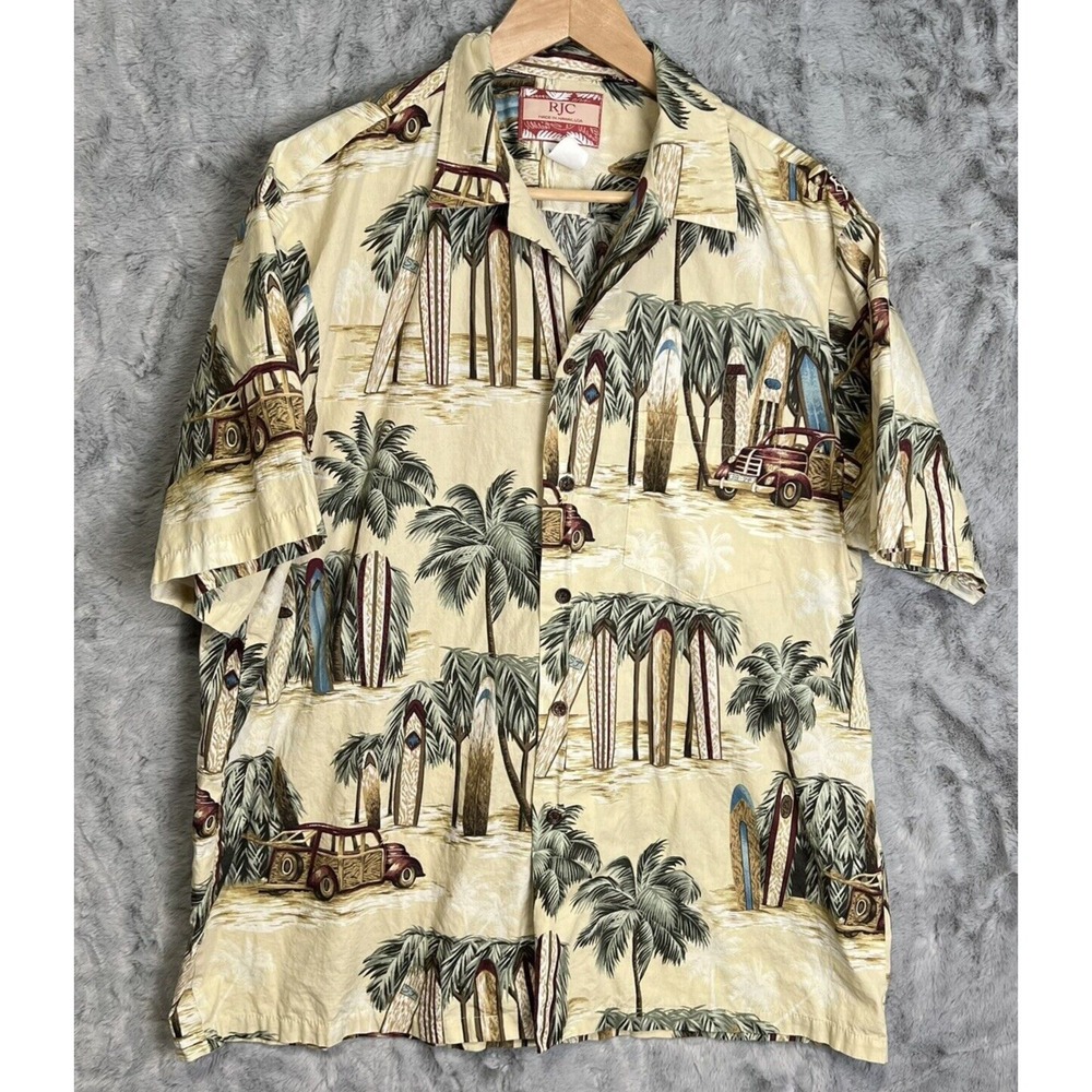RJC Hawaiian Shirt Mens XL Vtg Longboard Woody Beach Shack Palm Tree Cotton Surf
